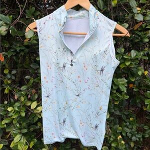 Light Blue Floral Dragonfly Sleeveless Zip Tank